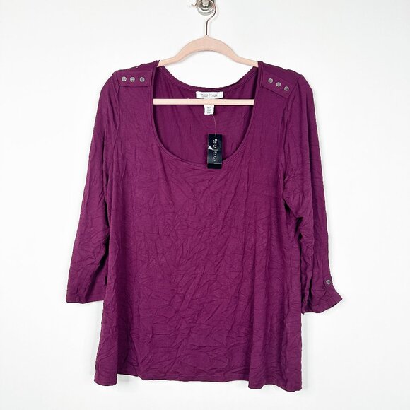 2/$30 White House Black Market 3/4 Sleeve Epaulette Solid Tee Burgundy XL #A0729 - Picture 3 of 8